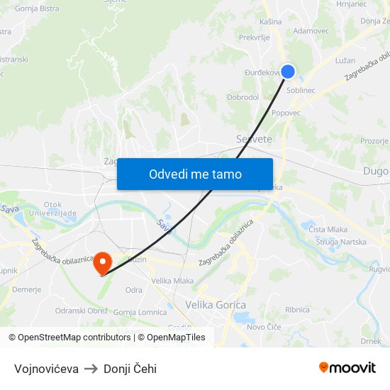 Vojnovićeva to Donji Čehi map