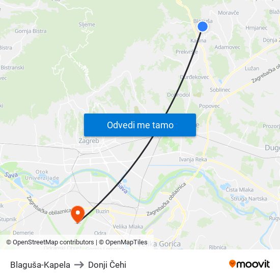 Blaguša-Kapela to Donji Čehi map