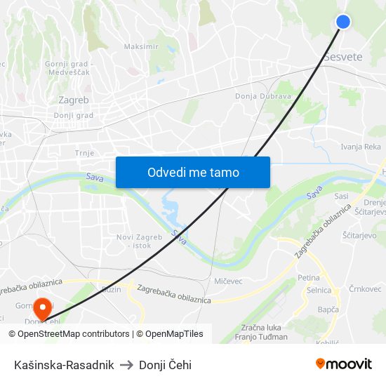 Kašinska-Rasadnik to Donji Čehi map