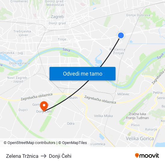 Zelena Tržnica to Donji Čehi map