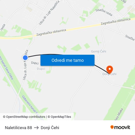 Naletilićeva 88 to Donji Čehi map