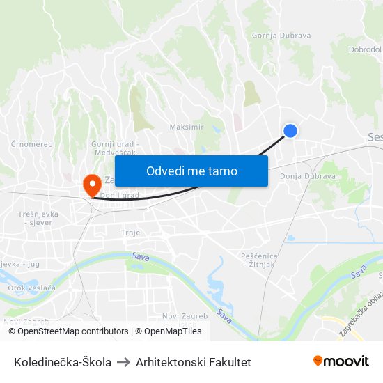 Koledinečka-Škola to Arhitektonski Fakultet map