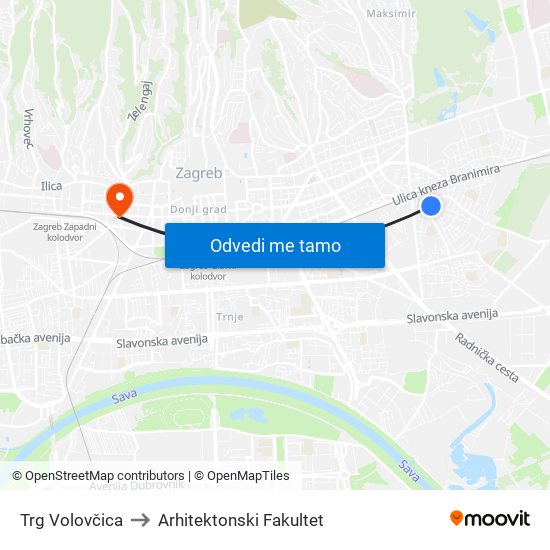Trg Volovčica to Arhitektonski Fakultet map