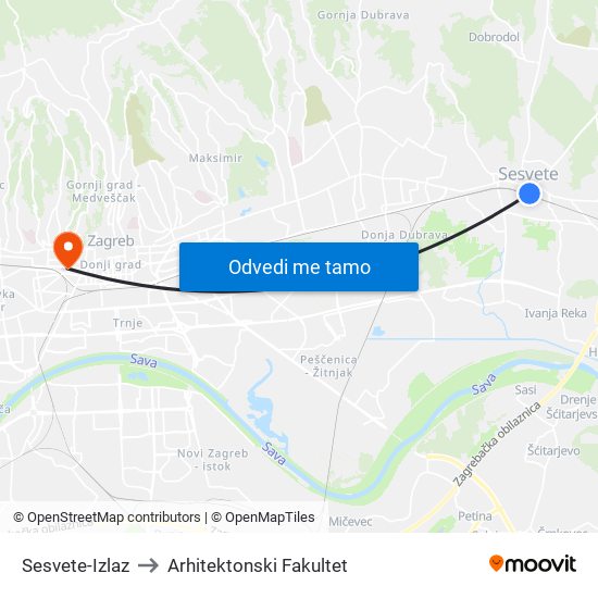 Sesvete-Izlaz to Arhitektonski Fakultet map