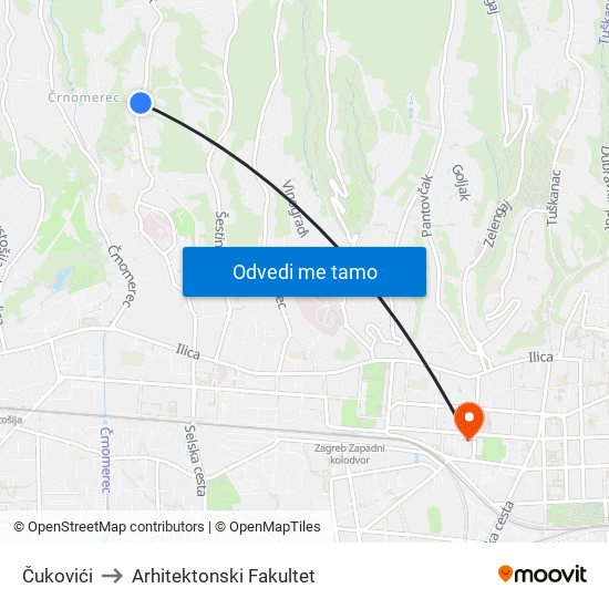 Čukovići to Arhitektonski Fakultet map