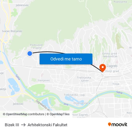 Bizek III to Arhitektonski Fakultet map
