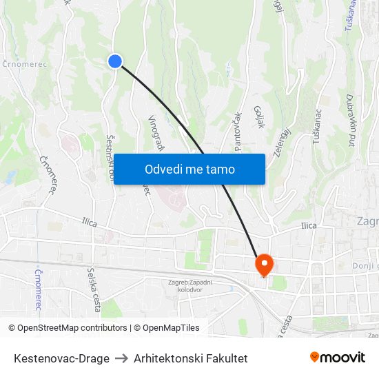 Kestenovac-Drage to Arhitektonski Fakultet map
