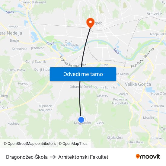 Dragonožec-Škola to Arhitektonski Fakultet map