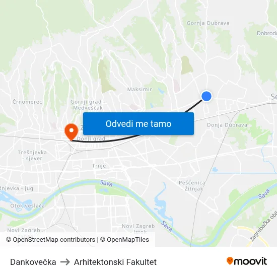 Dankovečka to Arhitektonski Fakultet map