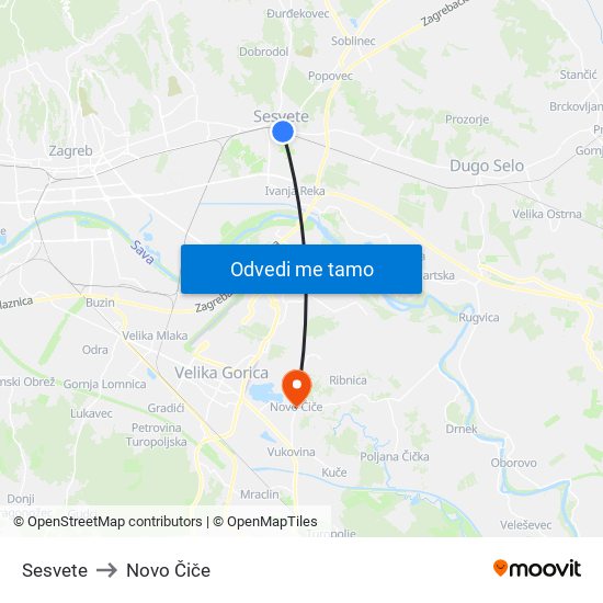 Sesvete to Novo Čiče map