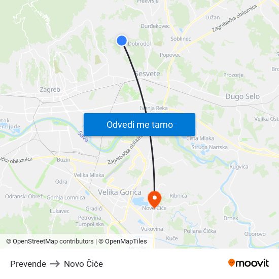 Prevende to Novo Čiče map