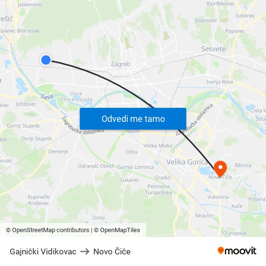 Gajnički Vidikovac to Novo Čiče map
