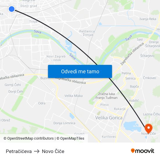 Petračićeva to Novo Čiče map