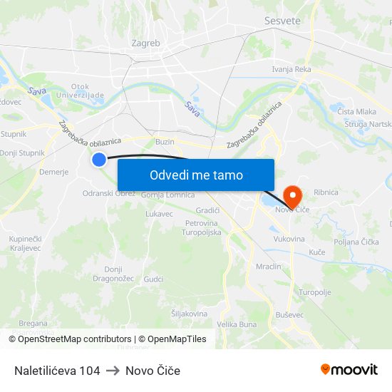 Naletilićeva 104 to Novo Čiče map