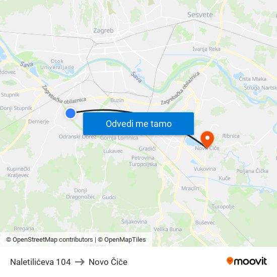 Naletilićeva 104 to Novo Čiče map