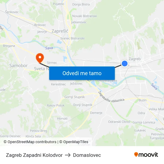 Zagreb Zapadni Kolodvor to Domaslovec map