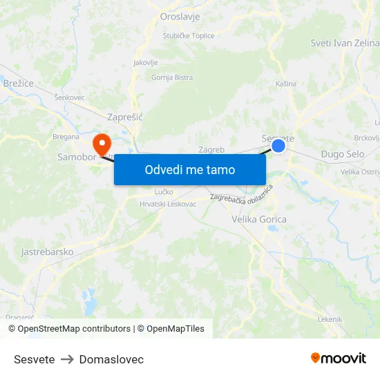 Sesvete to Domaslovec map