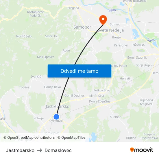 Jastrebarsko to Domaslovec map