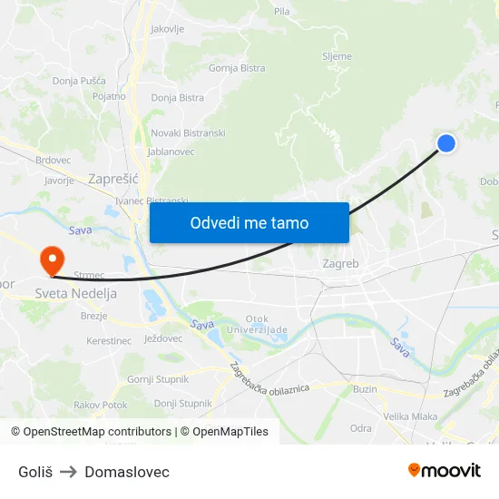 Goliš to Domaslovec map