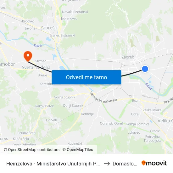 Heinzelova - Ministarstvo Unutarnjih Poslova to Domaslovec map