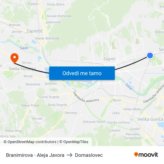 Branimirova - Aleja Javora to Domaslovec map