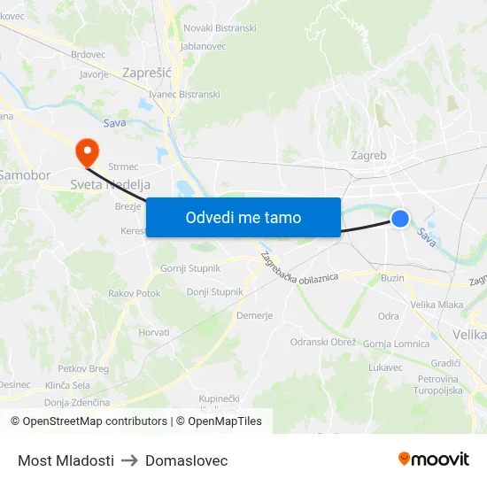 Most Mladosti to Domaslovec map