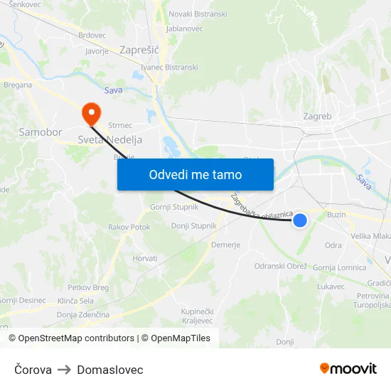 Čorova to Domaslovec map