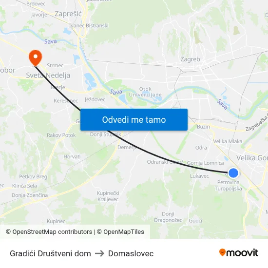 Gradići Društveni dom to Domaslovec map