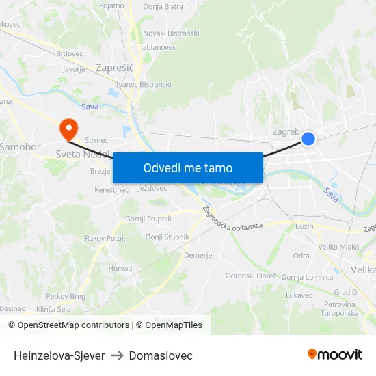 Heinzelova-Sjever to Domaslovec map