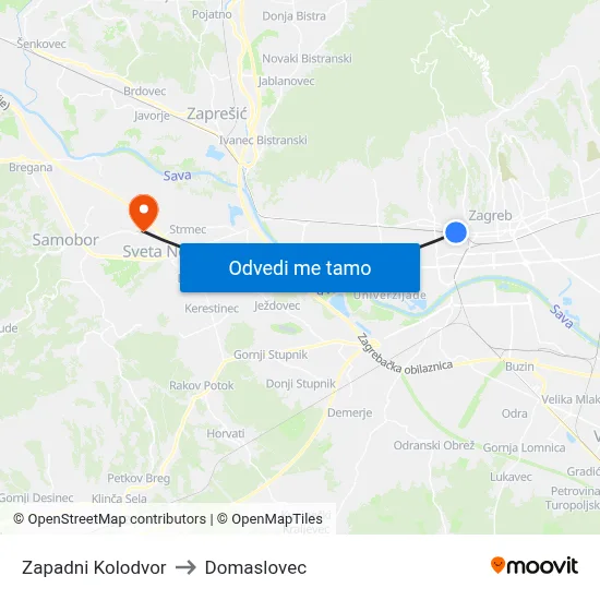 Zapadni Kolodvor to Domaslovec map