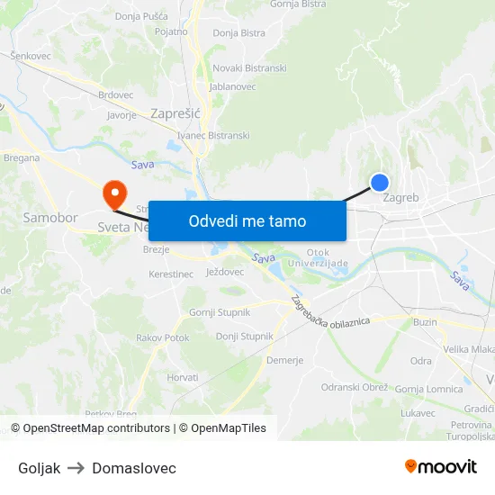 Goljak to Domaslovec map