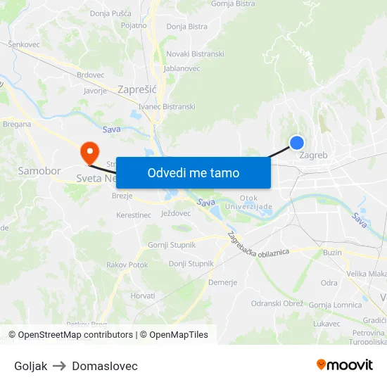 Goljak to Domaslovec map