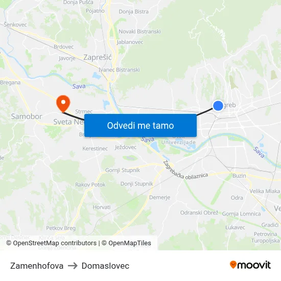Zamenhofova to Domaslovec map