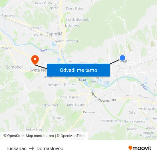 Tuškanac to Domaslovec map
