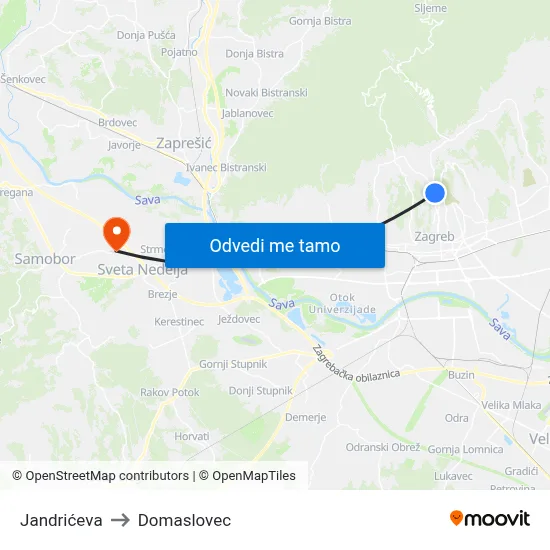 Jandrićeva to Domaslovec map