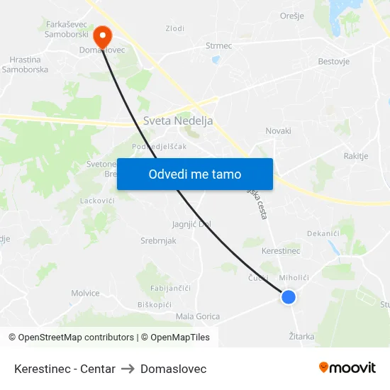 Kerestinec - Centar to Domaslovec map