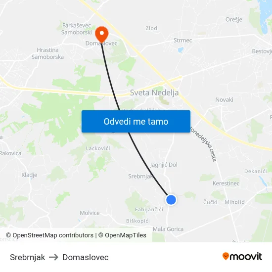Srebrnjak to Domaslovec map