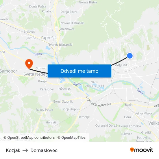 Kozjak to Domaslovec map