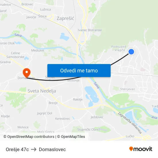 Orešje 47c to Domaslovec map