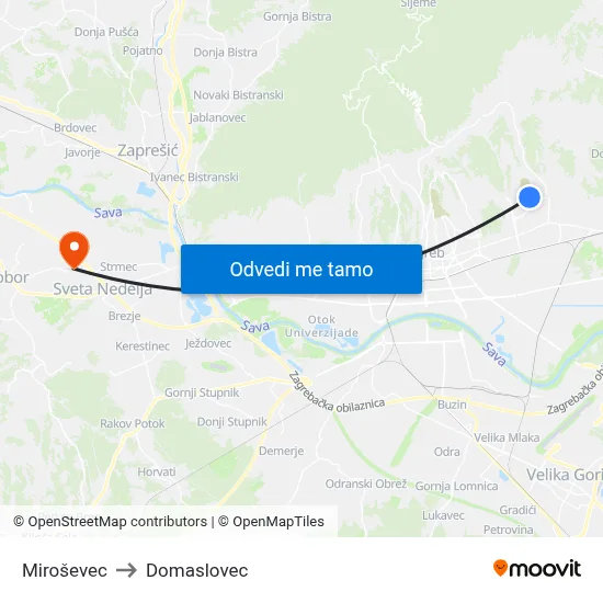 Miroševec to Domaslovec map