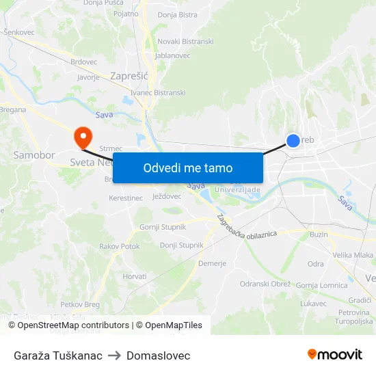 Garaža Tuškanac to Domaslovec map