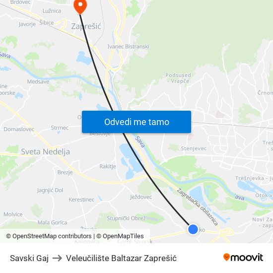 Savski Gaj to Veleučilište Baltazar Zaprešić map