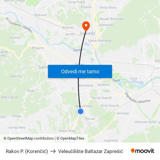 Rakov P. (Korenčić) to Veleučilište Baltazar Zaprešić map