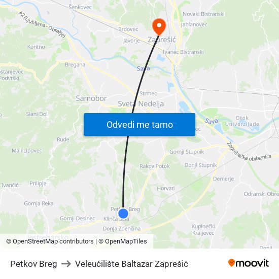 Petkov Breg to Veleučilište Baltazar Zaprešić map