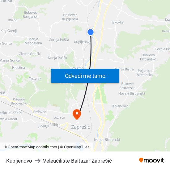 Kupljenovo to Veleučilište Baltazar Zaprešić map