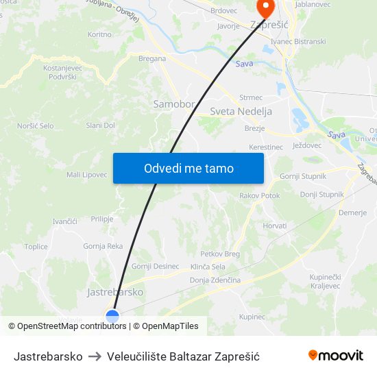 Jastrebarsko to Veleučilište Baltazar Zaprešić map