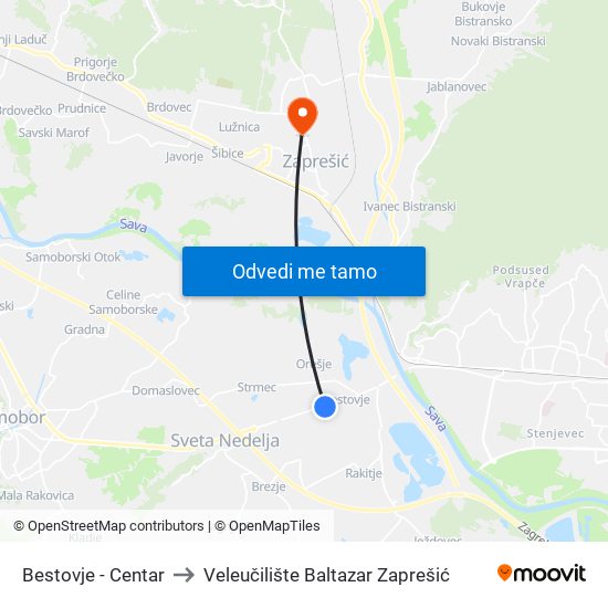 Bestovje - Centar to Veleučilište Baltazar Zaprešić map