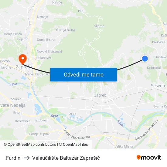 Furdini to Veleučilište Baltazar Zaprešić map