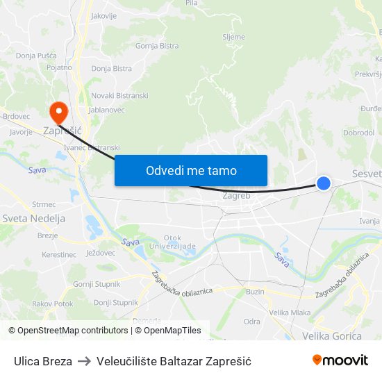 Ulica Breza to Veleučilište Baltazar Zaprešić map