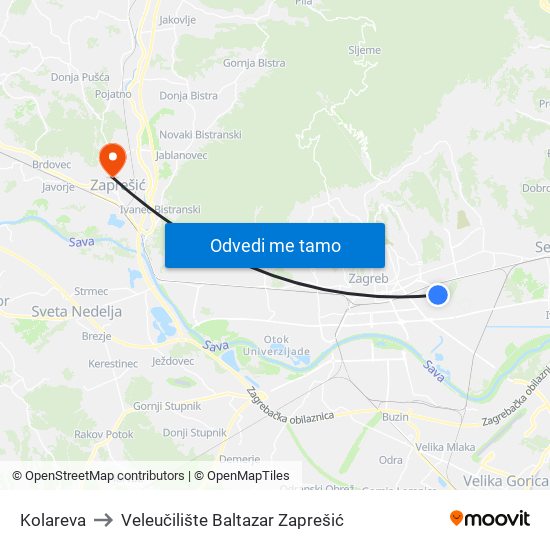 Kolareva to Veleučilište Baltazar Zaprešić map